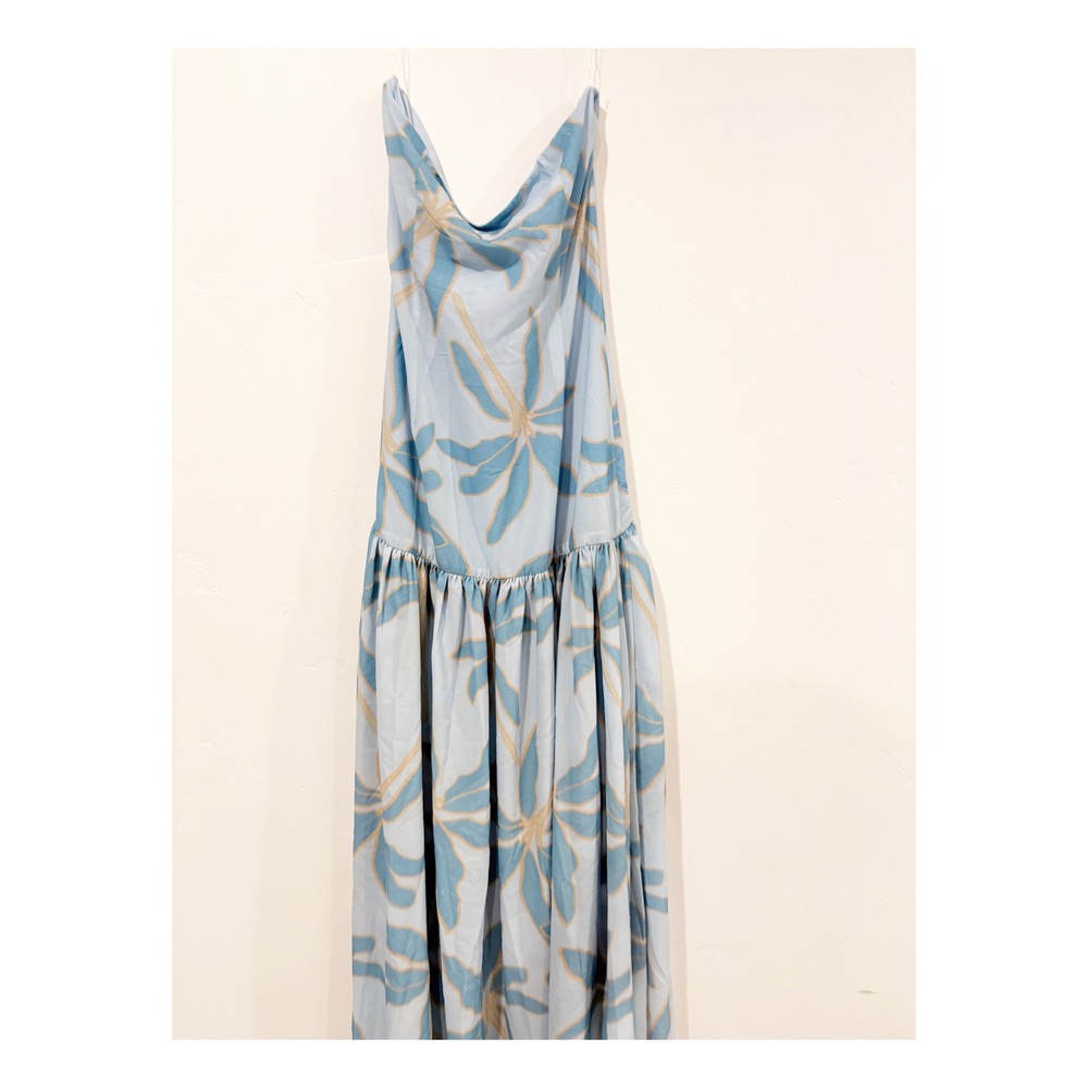 Peppermayo Eden Strapless Maxi Dress Blue Floral Palm Print High Slit NWT - Picture 5 of 6